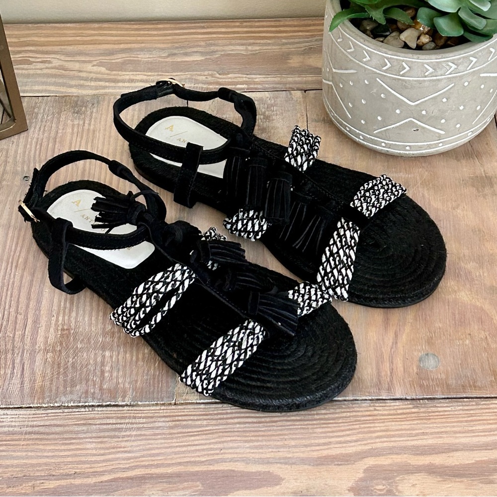 Anthropologie Black Fringed Rope Sandals